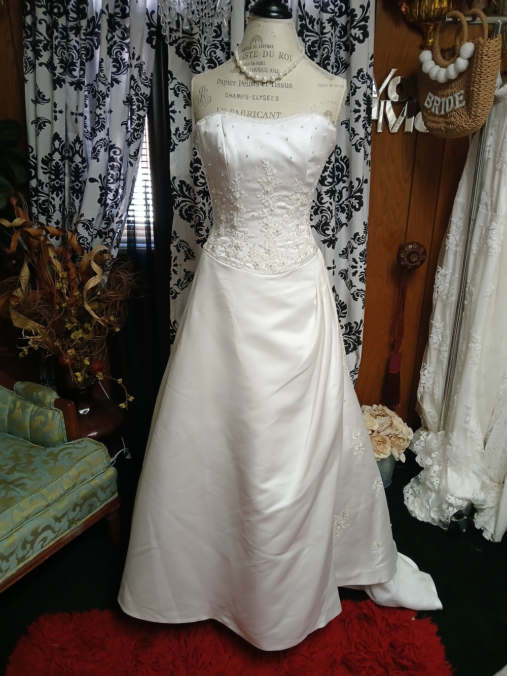 Strapless Embroidered A-Line Wedding Gown - White